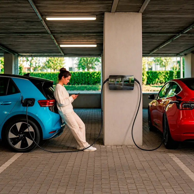 Borne V2C ALVA rechargeant deux véhicules sur un parking d’hôtel
