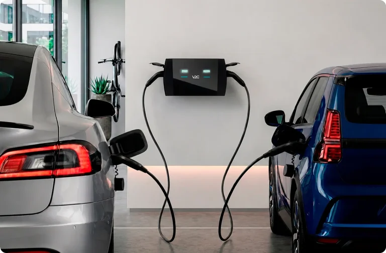 Borne V2C ALVA double rechargeant simultanément deux véhicules