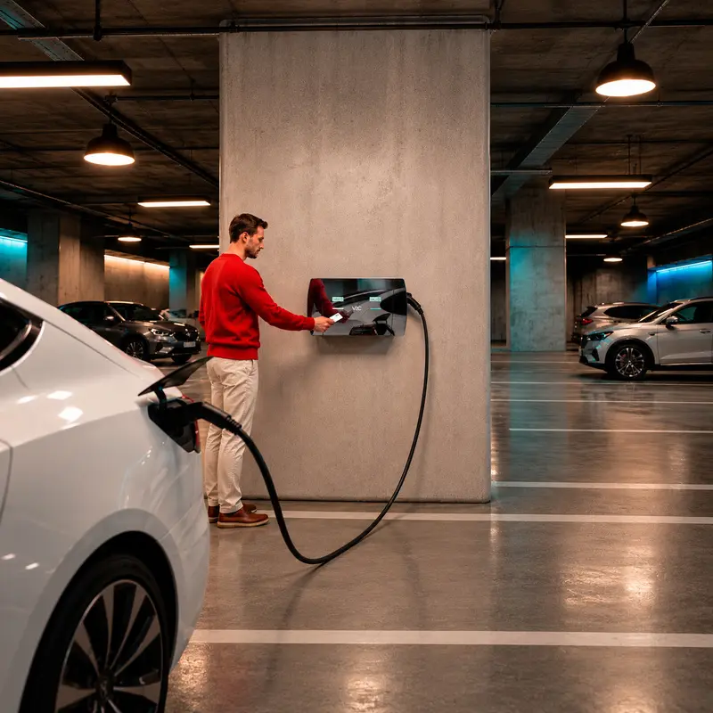 Utilisateur s’identifiant par badge RFID sur une borne V2C ALVA en parking d’entreprise