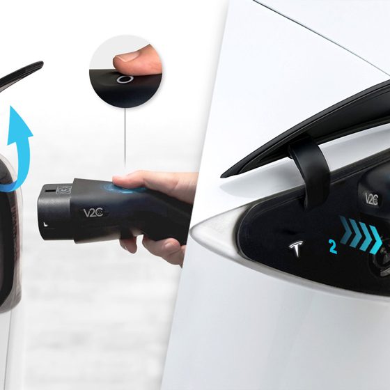Porte de recharge électrique avec une main tenant le chargeur et indicateurs lumineux.